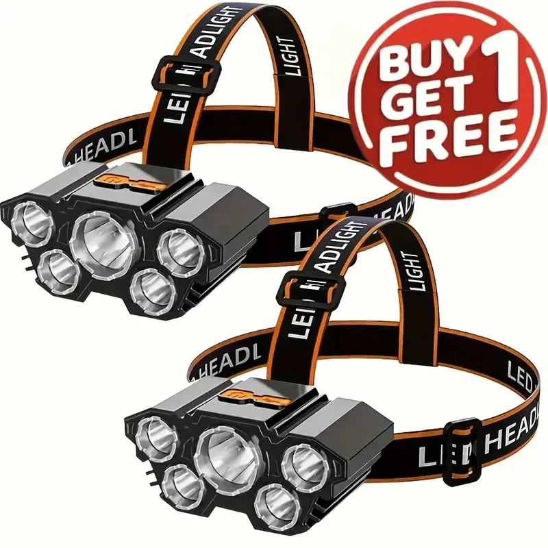 2-Pack Powerful  LED Headlamp with 5 Super Bright LED Lamp Beads &  Flash Light – Rechargeable, 3 Lighting Modes, Waterproo...