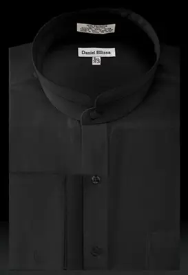 Solid Banded French Cuff Dress Mandarin Collarless Preacher Round Style Black Men's Dress Shirt