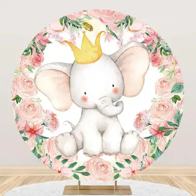 Pink Floral Cute Elephant Round Baby Shower Backdrop - Aperturee