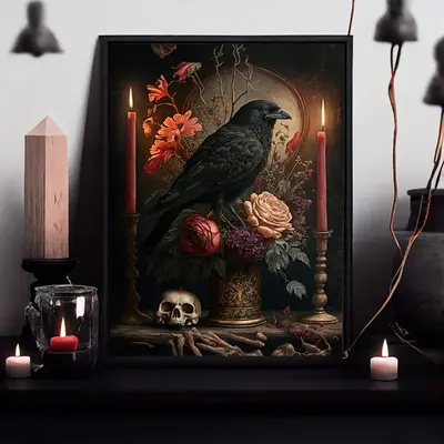 Crow & Flower Pattern Unframed Painting, Canvas Wall Art without Frame, Decorative Painting for Home Living Room Bedroom, Hal...