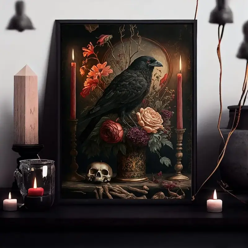 Crow & Flower Pattern Unframed Painting, Canvas Wall Art without Frame, Decorative Painting for Home Living Room Bedroom, Hal...