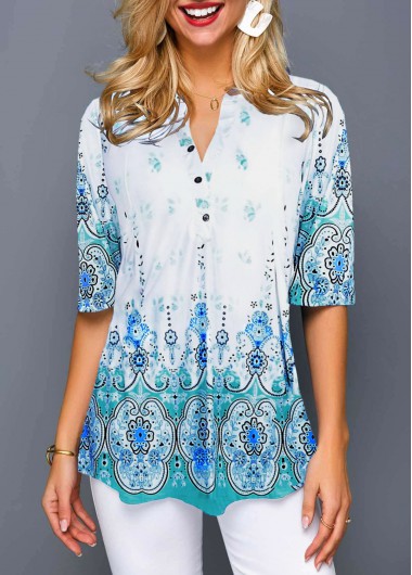 Modlily Women's Split Neck 3/4 Sleeve Tribal Print Button Front Blouse Top - XS