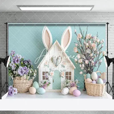 Aperturee Green Wall Wood Bunny Hutch Floral Egg Easter Backdrop, 3X2FT(1MX0.6M), 14 USD, easter backdrops, ENHD3J63-M