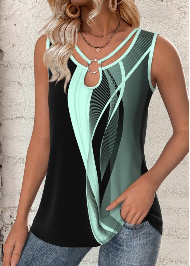 Modlily Multi Color Circular Ring Geometric Print Sleeveless Tank Top - M