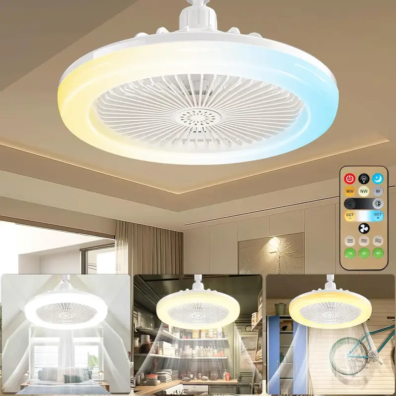 BORNERWHITE Socket Fan Light with Remote Control 3 Colors 3000K-6500K Dimmable LED Light Bulb Fan Screw in Ceiling Fan for Be...