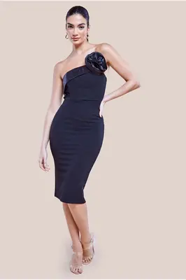 Goddiva Satin Corsage Scuba Crepe Midi Dress - Black