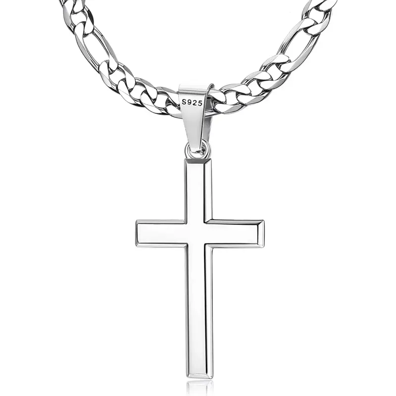 MILACOLATO 925 Sterling Silver Cross Necklace for Men Women, 5mm 316L Stainless Steel Diamond-Cut Durable Figaro Link Chain o...
