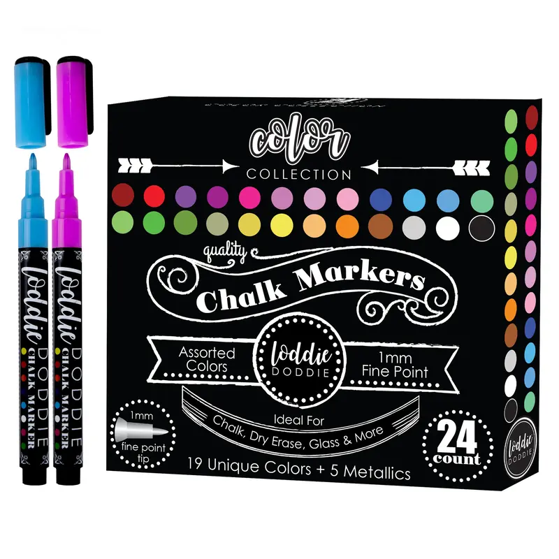 Loddie Doddie 24ct Fine Point Chalk Markers - Color Collection - Erases Completely on Non-Porous Surfacess, Windows and Glass...