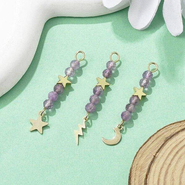 3Pcs 3 Styles Natural Amethyst Faceted Round Beaded Pendants