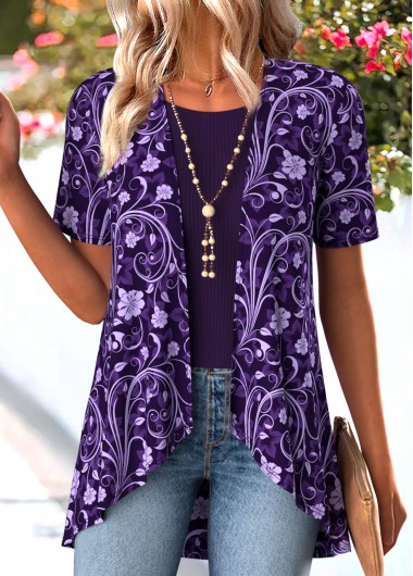 Modlily Purple Floral Print Short Sleeve Fake Two Piece Twinset - L