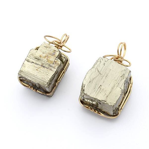 Cuboid Brass Natural Pyrite Pendants