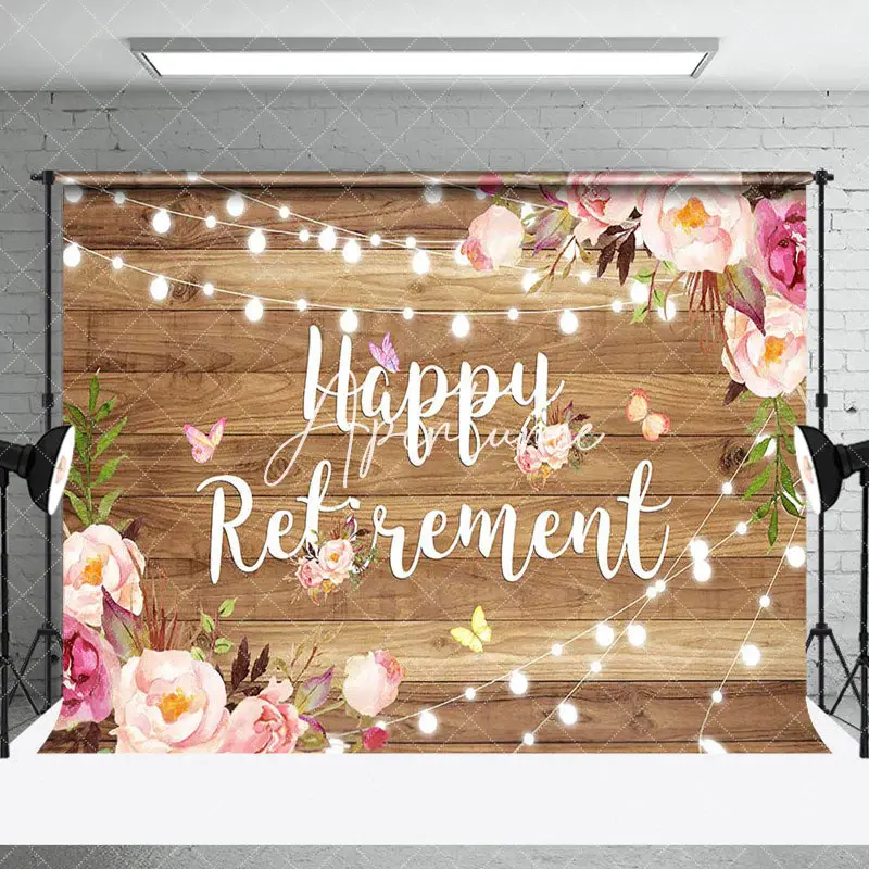 Pink Floral Wooden Wall Happy Retirement Backdrop
