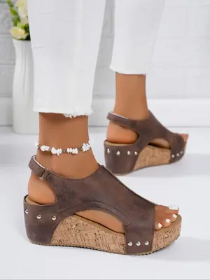 Women's Fashionable Plain Color Wedge Sandals, Casual Comfortable Platform Sandals for Summer, Lightweight Breathable Shoes f...