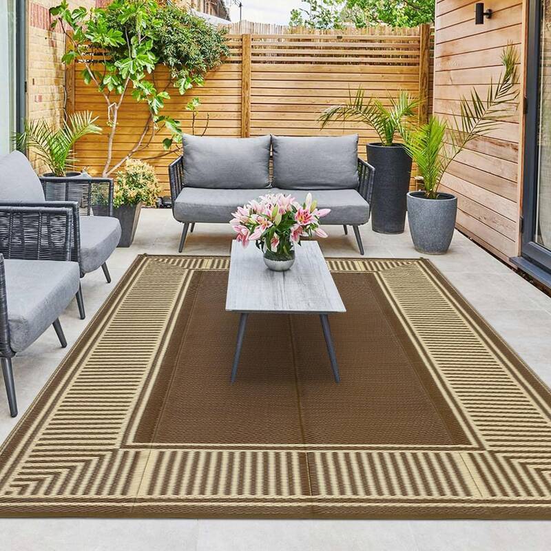 Garvee Outdoor 8x10 Area Rug Camping Mat Brown Coffee Plastic Straw Waterproof UV-Resistant Foldable Picnic Backyard Patio