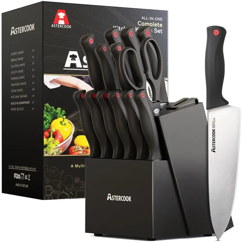 Astercook 14 piece kitchen knife set, dishwasher safe, high carbon stainless steel knives, kitchen utensils black knives butt...