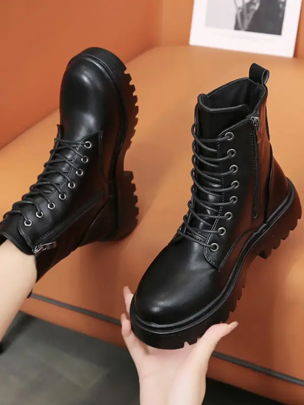 1 Pair Women's Lace up Front Zipper Side Design Solid Color Boots, Fashionable Round Toe Boots for Daily Wear, Outdoor Party,...