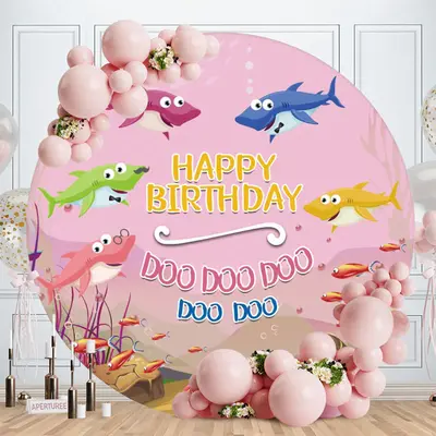 Aperturee Cute Sharks Round Happy Birthday Party Backdrop