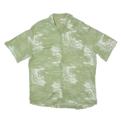 GEORGE Fish Print Hawaiian Shirt Green Short Sleeve Mens M