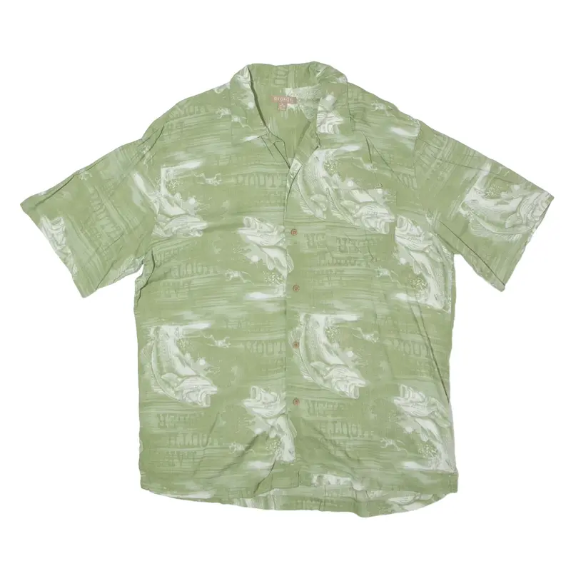 GEORGE Fish Print Hawaiian Shirt Green Short Sleeve Mens M