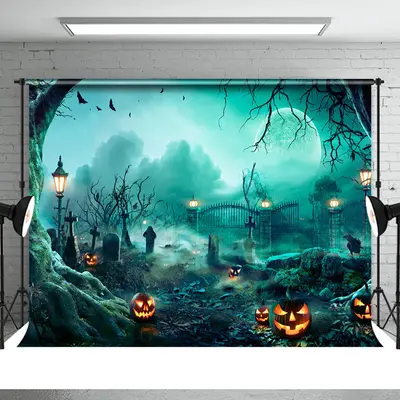 Abandoned House Pumpkin Lantern Halloween Backdrop - Aperturee