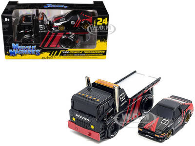 JDM Flatbed Truck #25 Black and Red and 1983-85 Toyota Trueno Sprinter (AE86) #25 Black and Red Advan Livery Muscle Transport...