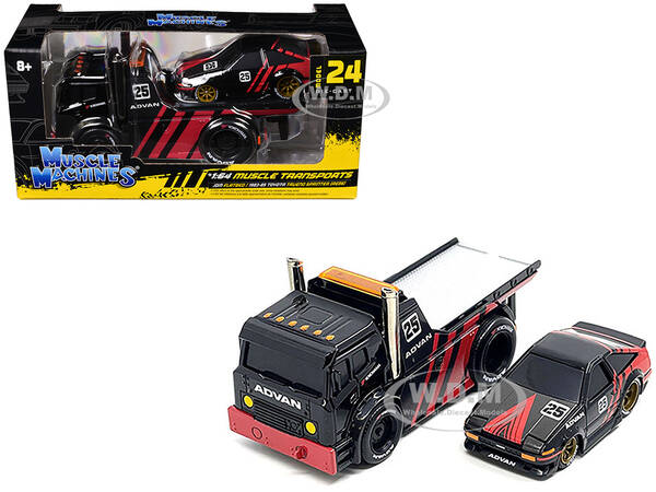 JDM Flatbed Truck #25 Black and Red and 1983-85 Toyota Trueno Sprinter (AE86) #25 Black and Red Advan Livery Muscle Transport...