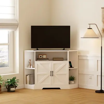Garvee - Soporte de TV de esquina de 32 pulgadas de alto para TV de 40/50/55 pulgadas, centro de entretenimiento blanco con p...
