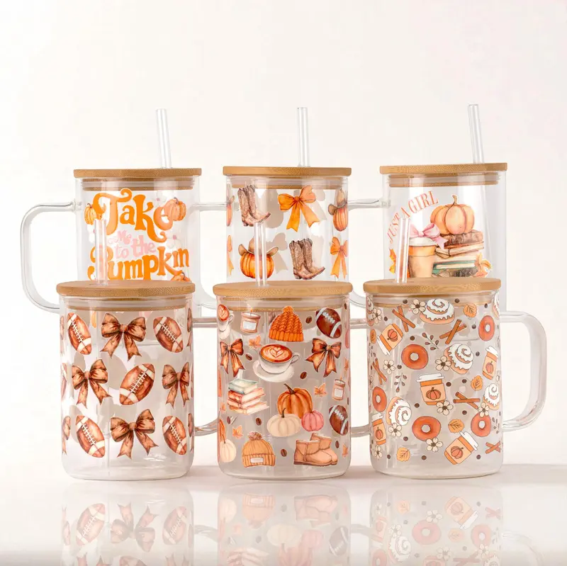 Sip-Sip Hooray! 17oz Fall Glass Mug – Pumpkin Spice Aesthetic Cup with Lid & Straw, Falltok Iced Coffee Tumbler, Reusable &...