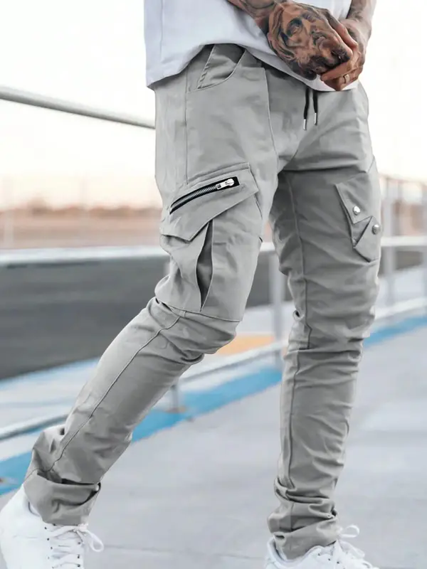 Men's Plain Drawstring Waist Cargo Pants, Regular Fit Casual Zipper Pocket Trousers, Masculine Designed Pants, Male Oriented ...