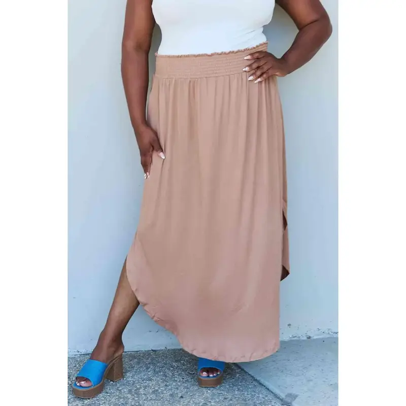 Doublju Comfort Princess Full Size High Waist Scoop Hem Maxi Skirt in Tan