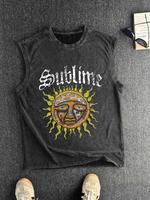 Men's Sun & Letter Print Vest, Regular Fit Casual Retro Sleeveless Top for Summer, Men's Clothes for Daily Wear, Socks