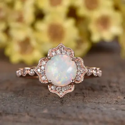 Vintage 1.2CT White Fire Opal Engagement Ring Diamond Halo Rose Gold