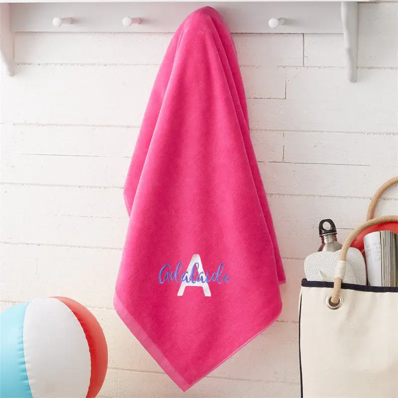Pink Custom Embroidered Name Initial Beach Towel - Aperturee