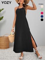 YOZY Women's Solid Backless Split Thigh Halter Dress, Elegant Fashion Casual Dress for Daily Outdoor Wear, Women Dress for Sp...