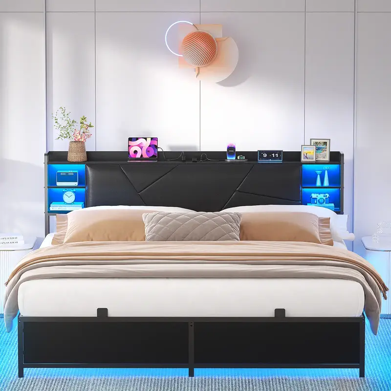 Homieasy Queen Size Bed Frame with Charging Station and RGB LED Lights, Sturdy Platform Bed with Upholstered Storage Headboar...