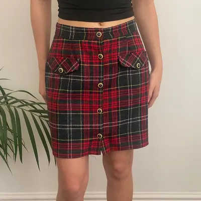 Unbranded Checked Mini Skirt - 28W UK 8 Red Wool Blend