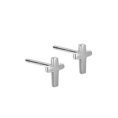 Anti-Tarnish Rhodium Plated Cross 999 Fine Silver Stud Earrings for Women
