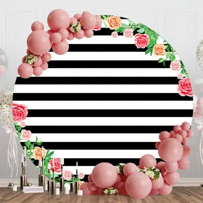 Black White Floral Stripe Birthday Round Backdrop - Aperturee