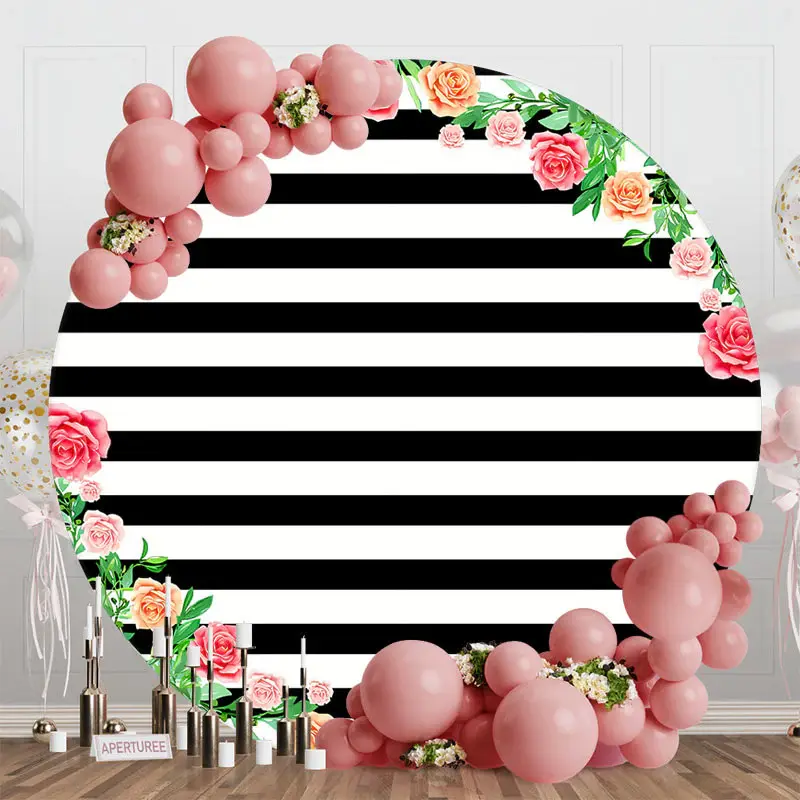 Black White Floral Stripe Birthday Round Backdrop - Aperturee