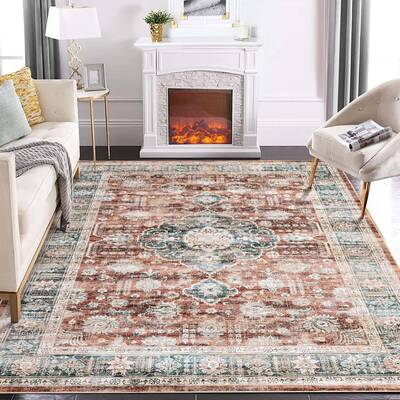 Garvee Rugs for Living Room 5x7 Washable Rug Vintage Floral Area Rug Soft Indoor Floor Mat Medallion Distressed Print Rug Non...