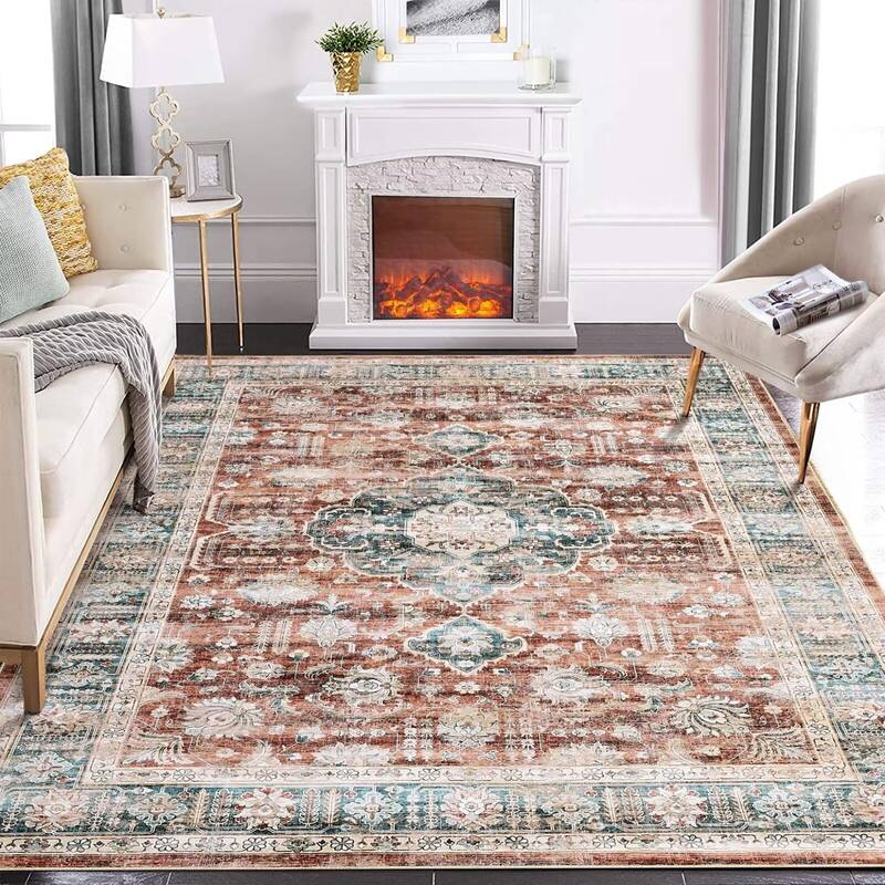 Garvee Rugs for Living Room 5x7 Washable Rug Vintage Floral Area Rug Soft Indoor Floor Mat Medallion Distressed Print Rug Non...