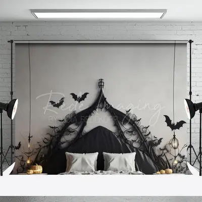Black White Bat Headboard Halloween Photo Backdrop - Aperturee