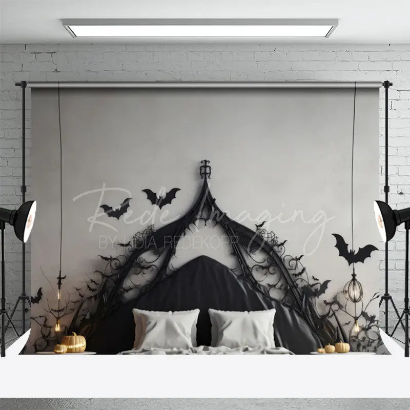 Black White Bat Headboard Halloween Photo Backdrop - Aperturee