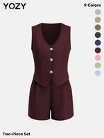 Yozy V Neck Button Front Blazer Vest & Pleated Wide Leg Shorts Set, Lady Elegant Fashion Casual Tank Top & Elastic Waist Shor...