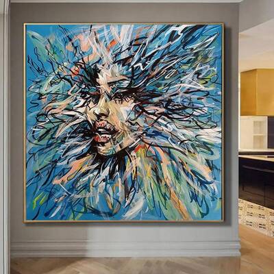 Extra Large Oil Painting on Canvas Woman Face Paintings On Canvas Fine Art Modern Blue Wall Art Original Human Art Living Roo...