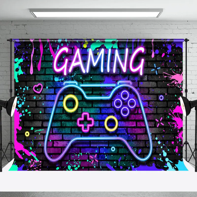 Gaming Graffiti Brick Wall Neon Gamepad Backdrop - Aperturee