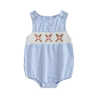 Baby Girl Boy Summer Clothes Infant Baseball Outfit Newborn Bubble Smocked Romper Soft Plaid Baseball Embroidery Onesize Slee...