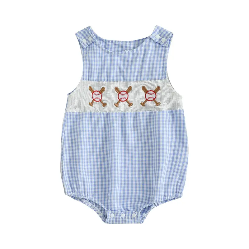 Baby Girl Boy Summer Clothes Infant Baseball Outfit Newborn Bubble Smocked Romper Soft Plaid Baseball Embroidery Onesize Slee...