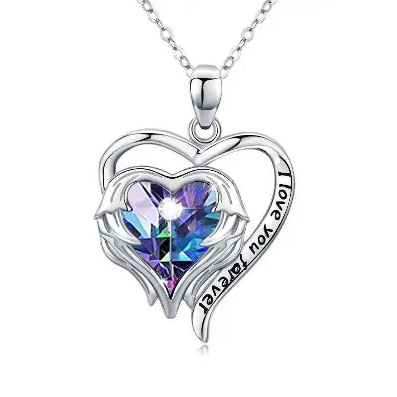 Sterling Silver Heart Crystal Angel Wing With Heart Pendant Necklace Engraved Words For Women