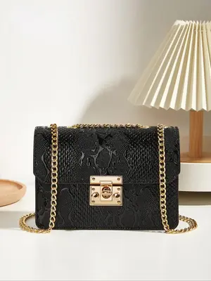 Women's Elegant Retro Crocodile Embossed Design PU Leather Texture Small Square Bag, with Metal Chain Strap, Trendy Versatile...